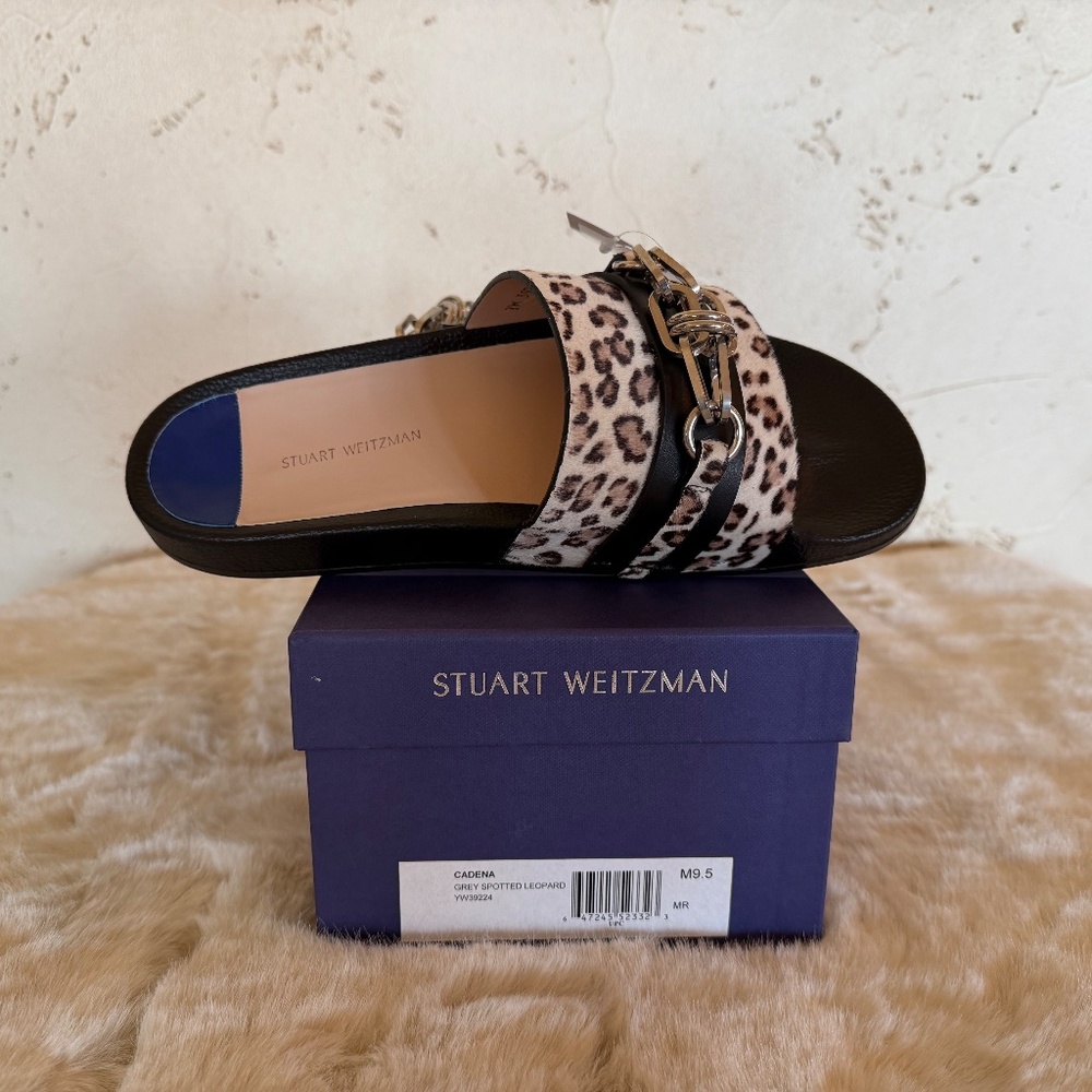 NWT Stuart Weitzman Cadena Spotted Leopard Leather & Calf Hair Slides 9.5 NIB - Picture 8 of 10